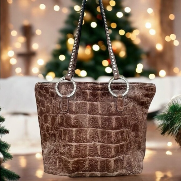 Raviani Brown Croc Embossed Leather With Crystals Tote Bag - Picture 8 of 10